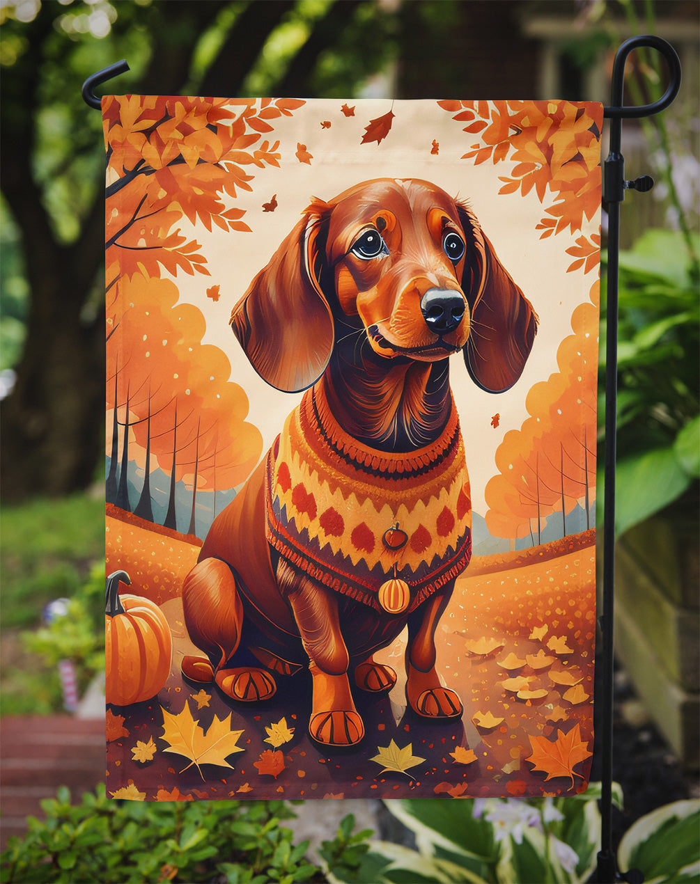 Dachshund Fall Garden Flag – Dog Surrounded by Pumpkins & Autumn Leaves
