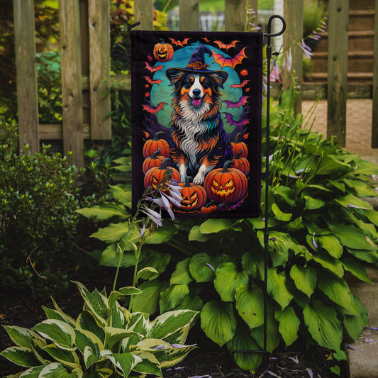 Australian Shepherd Witchy Halloween Garden Flag – Witch Dog with Pumpkins, Bats & Jack-o'-Lanterns