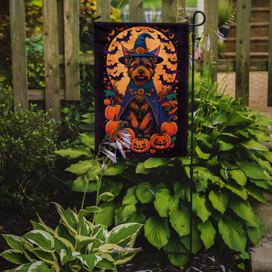 Australian Terrier Witchy Halloween Garden Flag – Witch Dog with Pumpkins, Bats & Jack-o'-Lanterns
