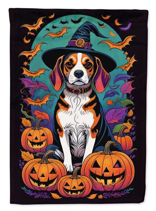 Beagle Witchy Halloween Garden Flag – Witch Dog with Pumpkins, Bats & Jack-o'-Lanterns