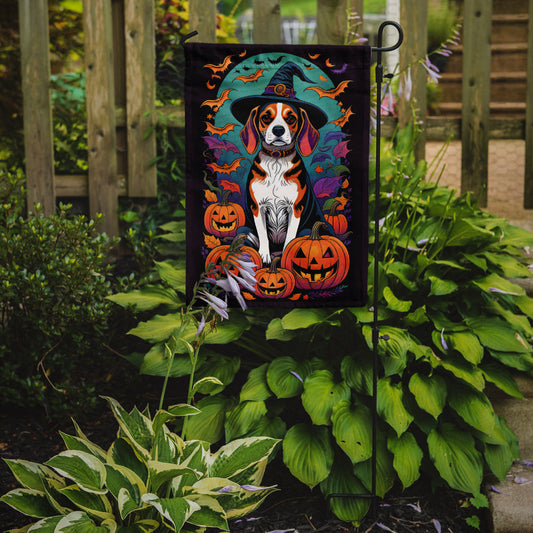 Beagle Witchy Halloween Garden Flag – Witch Dog with Pumpkins, Bats & Jack-o'-Lanterns