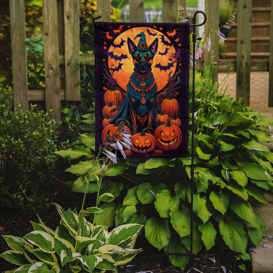 Belgian Malinois Witchy Halloween Garden Flag – Witch Dog with Pumpkins, Bats & Jack-o'-Lanterns