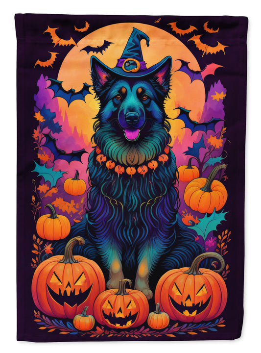 Belgian Sheepdog Witchy Halloween Garden Flag – Witch Dog with Pumpkins, Bats & Jack-o'-Lanterns