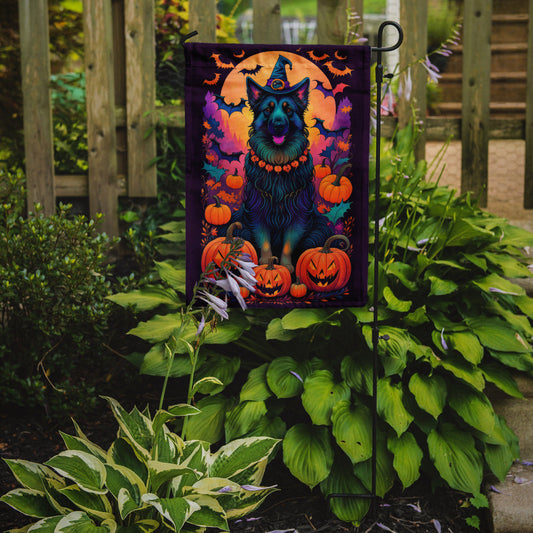 Belgian Sheepdog Witchy Halloween Garden Flag – Witch Dog with Pumpkins, Bats & Jack-o'-Lanterns