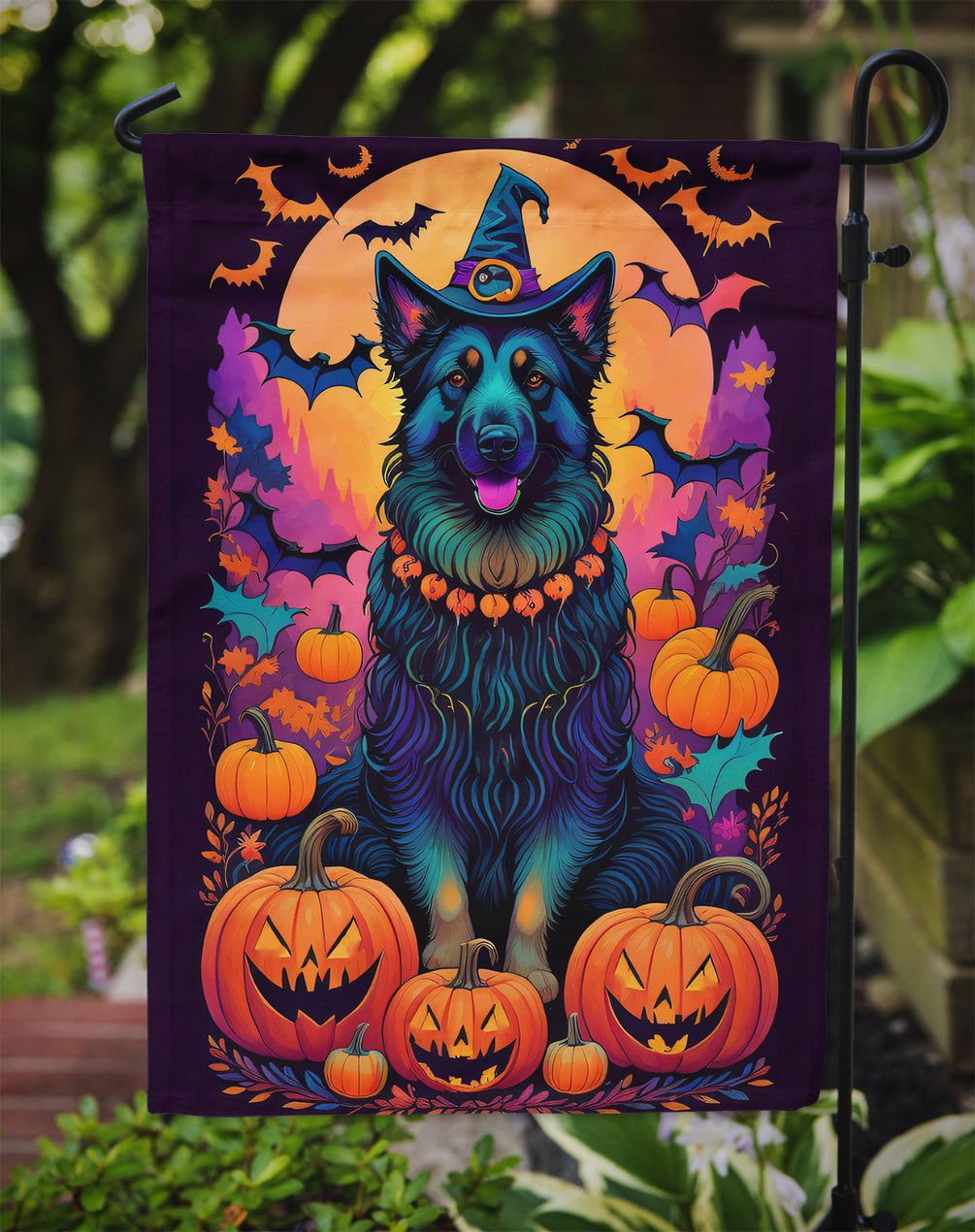 Belgian Sheepdog Witchy Halloween Garden Flag – Witch Dog with Pumpkins, Bats & Jack-o'-Lanterns