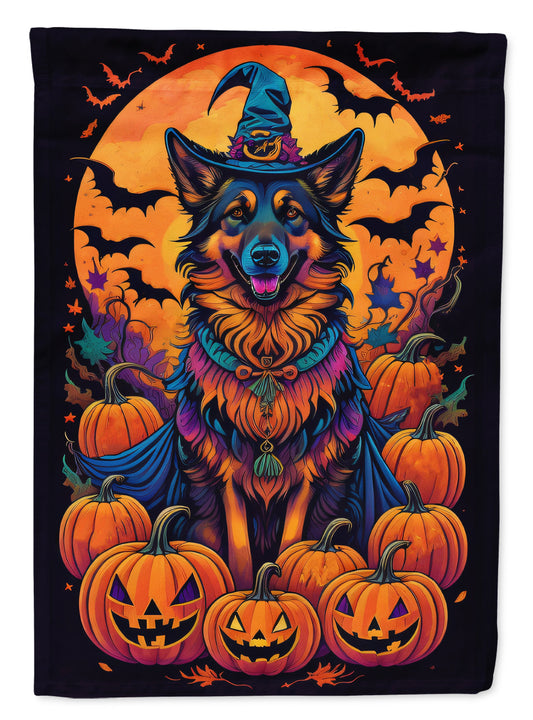 Belgian Tervuren Witchy Halloween Garden Flag – Witch Dog with Pumpkins, Bats & Jack-o'-Lanterns
