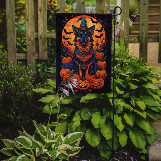 Belgian Tervuren Witchy Halloween Garden Flag – Witch Dog with Pumpkins, Bats & Jack-o'-Lanterns