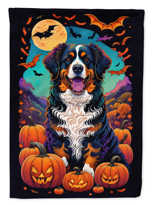 Bernese Mountain Dog Witchy Halloween Garden Flag – Witch Dog with Pumpkins, Bats & Jack-o'-Lanterns