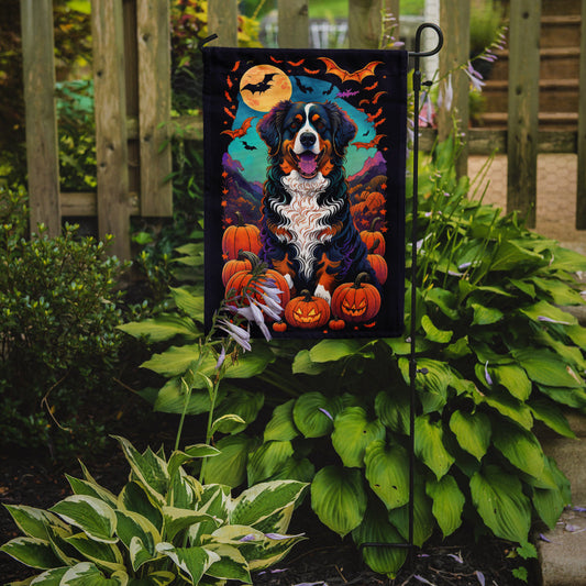Bernese Mountain Dog Witchy Halloween Garden Flag – Witch Dog with Pumpkins, Bats & Jack-o'-Lanterns