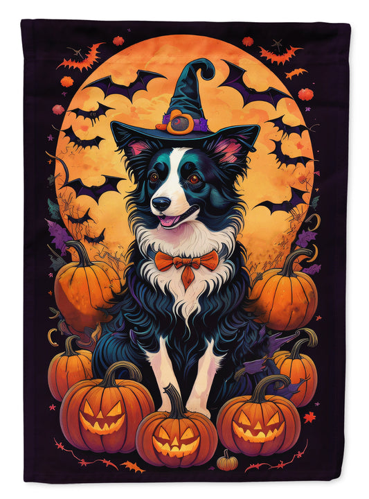 Border Collie Witchy Halloween Garden Flag – Witch Dog with Pumpkins, Bats & Jack-o'-Lanterns