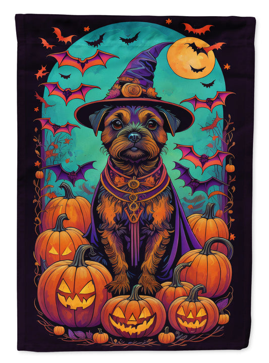 Border Terrier Witchy Halloween Garden Flag – Witch Dog with Pumpkins, Bats & Jack-o'-Lanterns