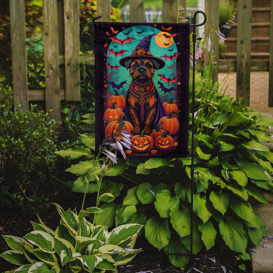 Border Terrier Witchy Halloween Garden Flag – Witch Dog with Pumpkins, Bats & Jack-o'-Lanterns