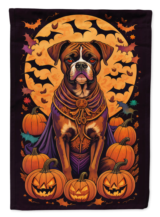 Boxer Witchy Halloween Garden Flag – Witch Dog with Pumpkins, Bats & Jack-o'-Lanterns