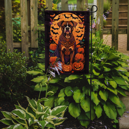 Boxer Witchy Halloween Garden Flag – Witch Dog with Pumpkins, Bats & Jack-o'-Lanterns