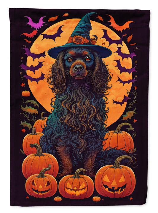 Boykin Spaniel Witchy Halloween Garden Flag – Witch Dog with Pumpkins, Bats & Jack-o'-Lanterns