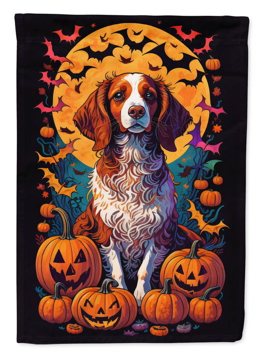 Brittany Spaniel Witchy Halloween Garden Flag – Witch Dog with Pumpkins, Bats & Jack-o'-Lanterns