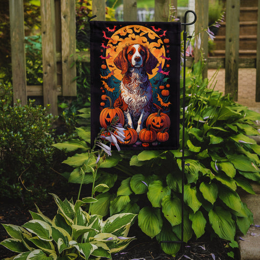 Brittany Spaniel Witchy Halloween Garden Flag – Witch Dog with Pumpkins, Bats & Jack-o'-Lanterns