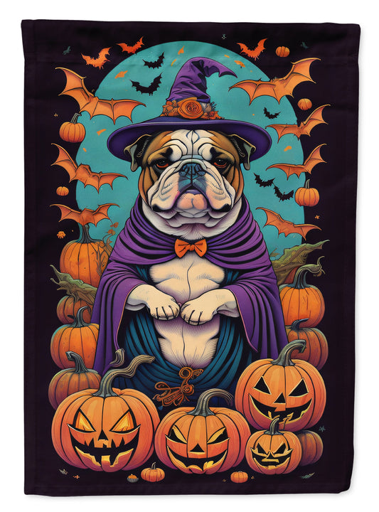 English Bulldog Witchy Halloween Garden Flag – Witch Dog with Pumpkins, Bats & Jack-o'-Lanterns