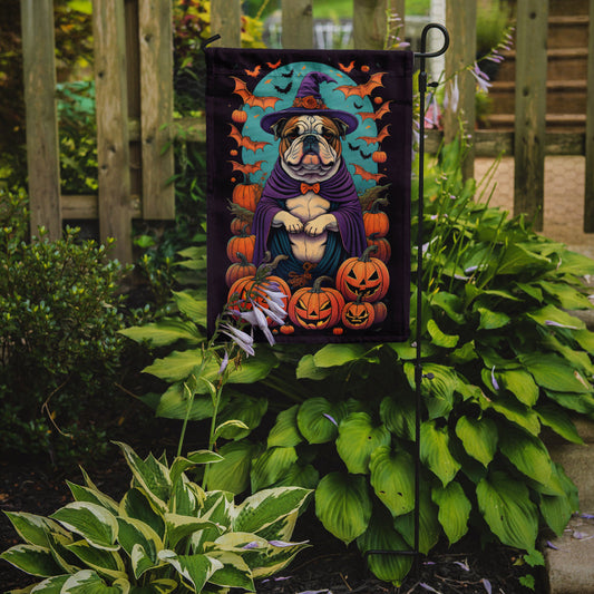English Bulldog Witchy Halloween Garden Flag – Witch Dog with Pumpkins, Bats & Jack-o'-Lanterns
