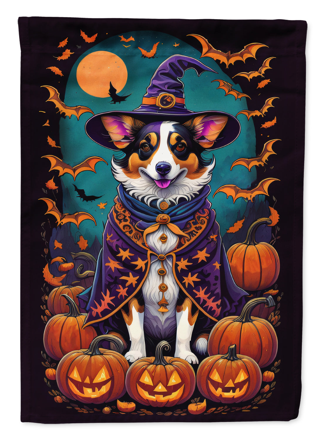 Corgi Witchy Halloween Garden Flag – Witch Dog with Pumpkins, Bats & Jack-o'-Lanterns