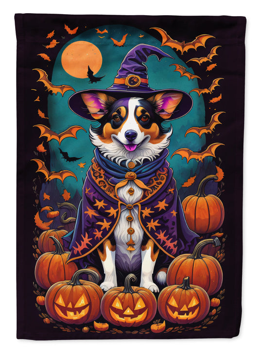Corgi Witchy Halloween Garden Flag – Witch Dog with Pumpkins, Bats & Jack-o'-Lanterns