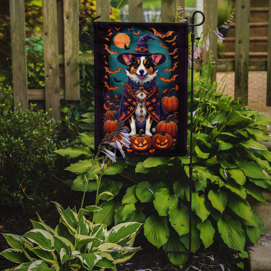 Corgi Witchy Halloween Garden Flag – Witch Dog with Pumpkins, Bats & Jack-o'-Lanterns