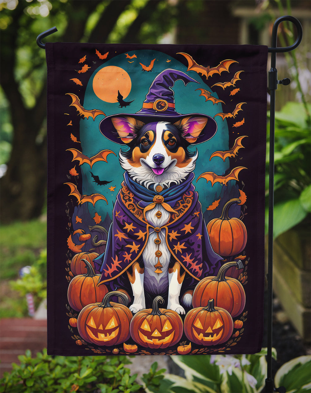 Corgi Witchy Halloween Garden Flag – Witch Dog with Pumpkins, Bats & Jack-o'-Lanterns