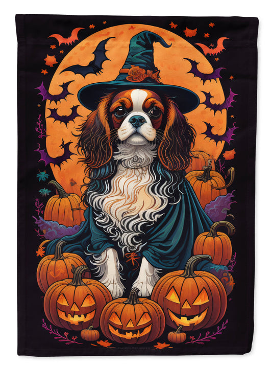 Cavalier Spaniel Witchy Halloween Garden Flag – Witch Dog with Pumpkins, Bats & Jack-o'-Lanterns