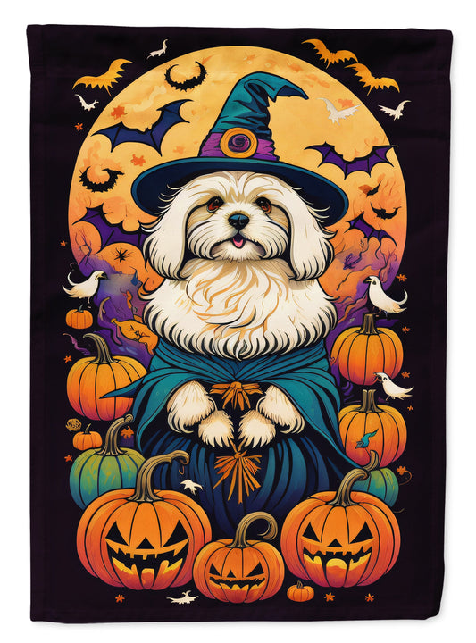 Coton De Tulear Witchy Halloween Garden Flag – Witch Dog with Pumpkins, Bats & Jack-o'-Lanterns