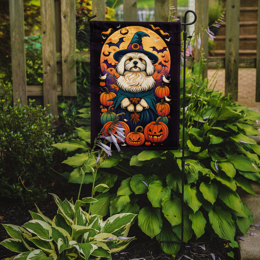 Coton De Tulear Witchy Halloween Garden Flag – Witch Dog with Pumpkins, Bats & Jack-o'-Lanterns