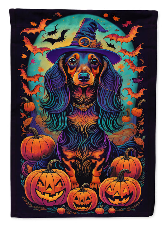 Longhair Black and Tan Dachshund Witchy Halloween Garden Flag – Witch Dog with Pumpkins, Bats & Jack-o'-Lanterns