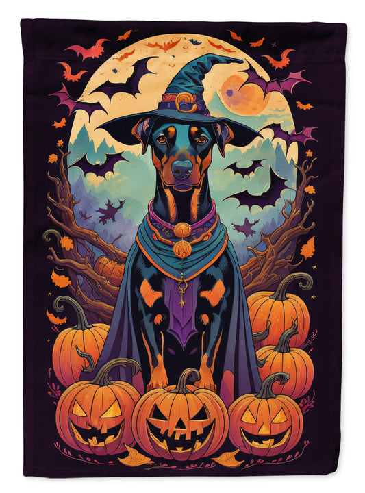 Doberman Pinscher Witchy Halloween Garden Flag – Witch Dog with Pumpkins, Bats & Jack-o'-Lanterns