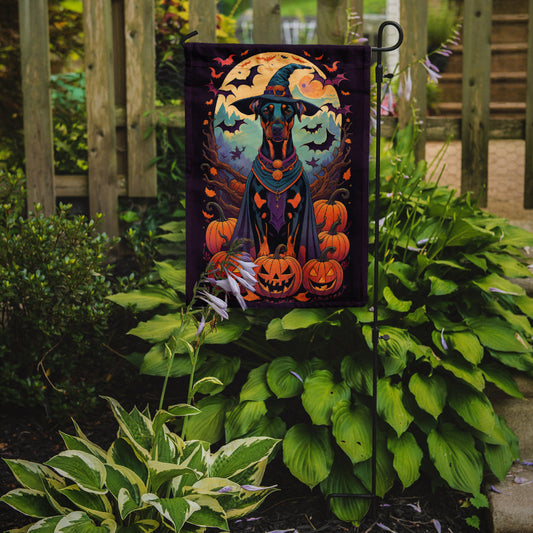 Doberman Pinscher Witchy Halloween Garden Flag – Witch Dog with Pumpkins, Bats & Jack-o'-Lanterns