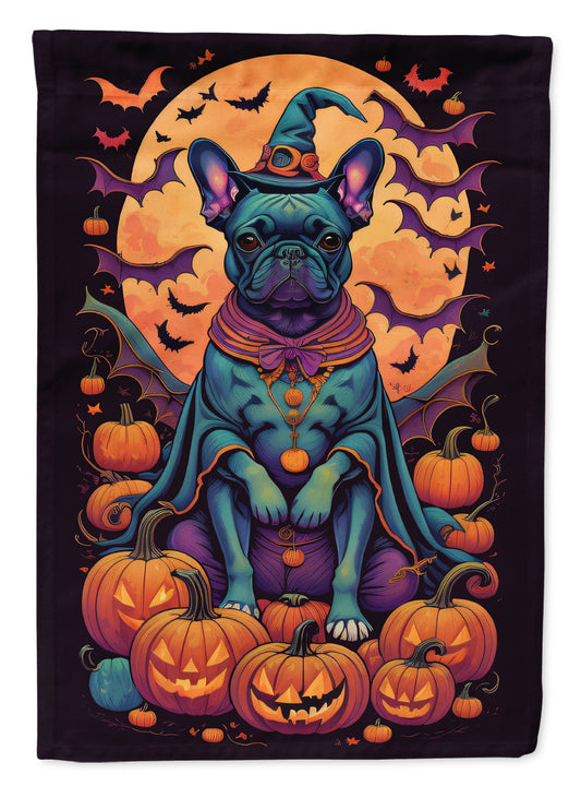 Black French Bulldog Witchy Halloween Garden Flag – Witch Dog with Pumpkins, Bats & Jack-o'-Lanterns