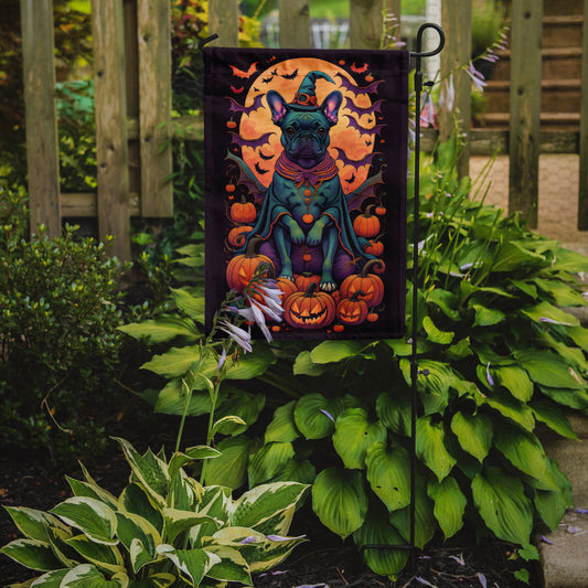 Black French Bulldog Witchy Halloween Garden Flag – Witch Dog with Pumpkins, Bats & Jack-o'-Lanterns