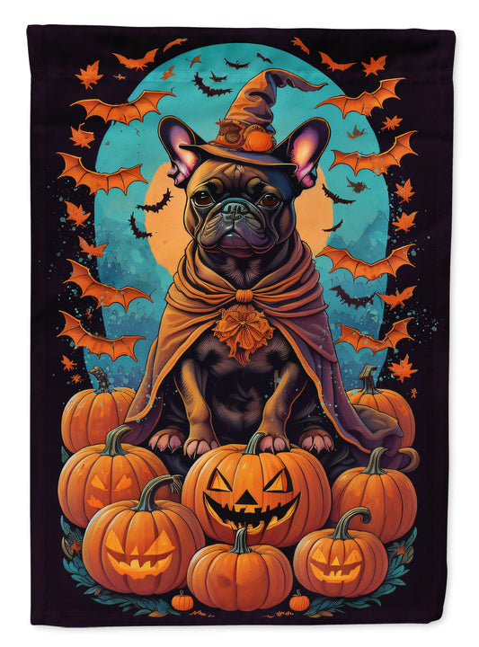 French Bulldog Witchy Halloween Garden Flag – Witch Dog with Pumpkins, Bats & Jack-o'-Lanterns