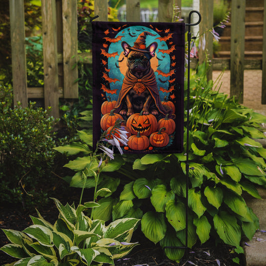 French Bulldog Witchy Halloween Garden Flag – Witch Dog with Pumpkins, Bats & Jack-o'-Lanterns