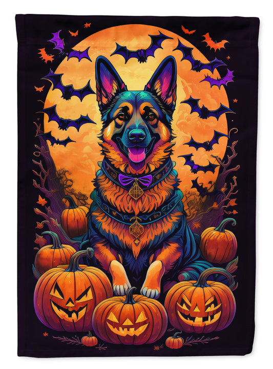 German Shepherd Witchy Halloween Garden Flag – Witch Dog with Pumpkins, Bats & Jack-o'-Lanterns