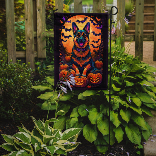 German Shepherd Witchy Halloween Garden Flag – Witch Dog with Pumpkins, Bats & Jack-o'-Lanterns