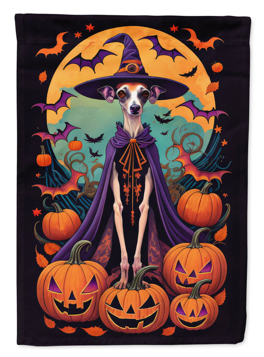 Italian Greyhound Witchy Halloween Garden Flag – Witch Dog with Pumpkins, Bats & Jack-o'-Lanterns