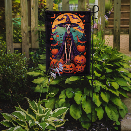 Italian Greyhound Witchy Halloween Garden Flag – Witch Dog with Pumpkins, Bats & Jack-o'-Lanterns