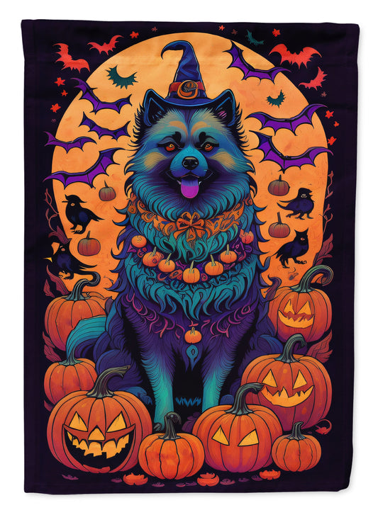 Keeshond Witchy Halloween Garden Flag – Witch Dog with Pumpkins, Bats & Jack-o'-Lanterns