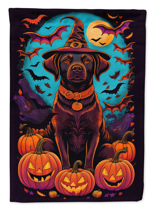 Chocolate Labrador Retriever Witchy Halloween Garden Flag – Witch Dog with Pumpkins, Bats & Jack-o'-Lanterns
