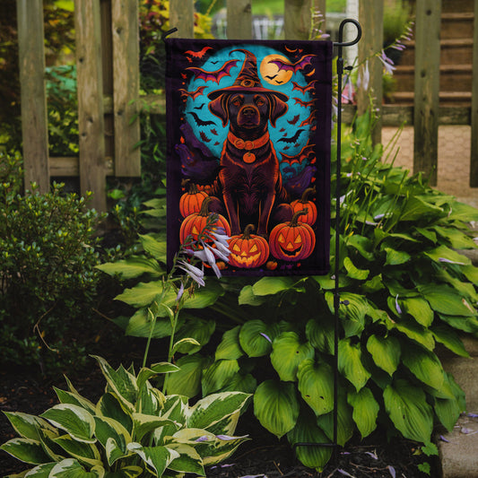 Chocolate Labrador Retriever Witchy Halloween Garden Flag – Witch Dog with Pumpkins, Bats & Jack-o'-Lanterns