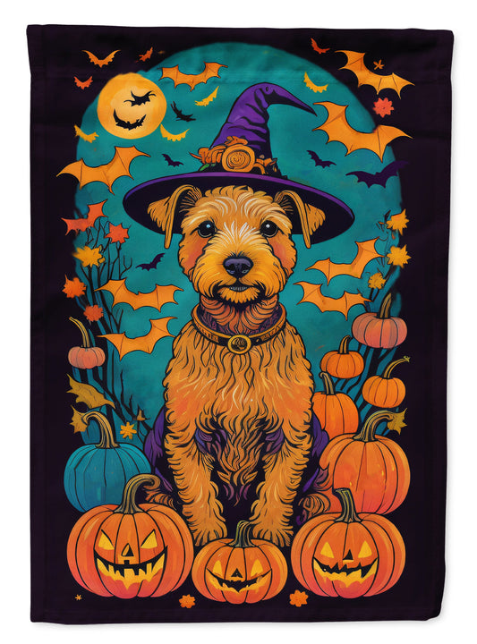 Lakeland Terrier Witchy Halloween Garden Flag – Witch Dog with Pumpkins, Bats & Jack-o'-Lanterns