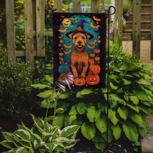 Lakeland Terrier Witchy Halloween Garden Flag – Witch Dog with Pumpkins, Bats & Jack-o'-Lanterns