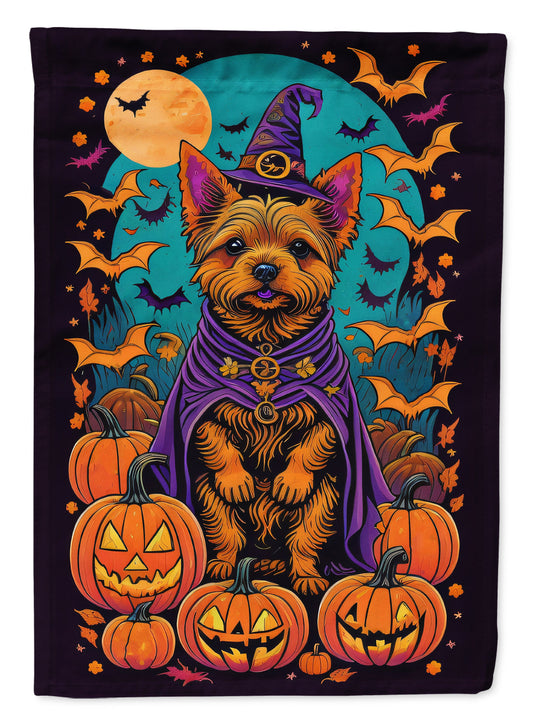 Norwich Terrier Witchy Halloween Garden Flag – Witch Dog with Pumpkins, Bats & Jack-o'-Lanterns