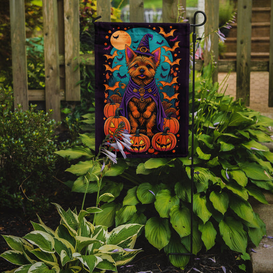 Norwich Terrier Witchy Halloween Garden Flag – Witch Dog with Pumpkins, Bats & Jack-o'-Lanterns