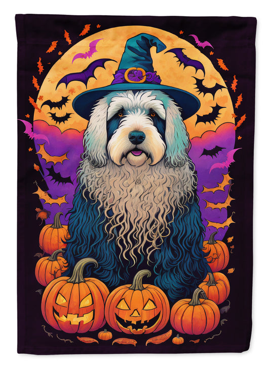Old English Sheepdog Witchy Halloween Garden Flag – Witch Dog with Pumpkins, Bats & Jack-o'-Lanterns