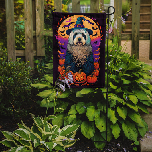 Old English Sheepdog Witchy Halloween Garden Flag – Witch Dog with Pumpkins, Bats & Jack-o'-Lanterns